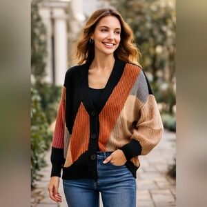 LUSH Colorblock Oversized Cardigan Women’s M Black Tan Rust Chunky Knit Soft